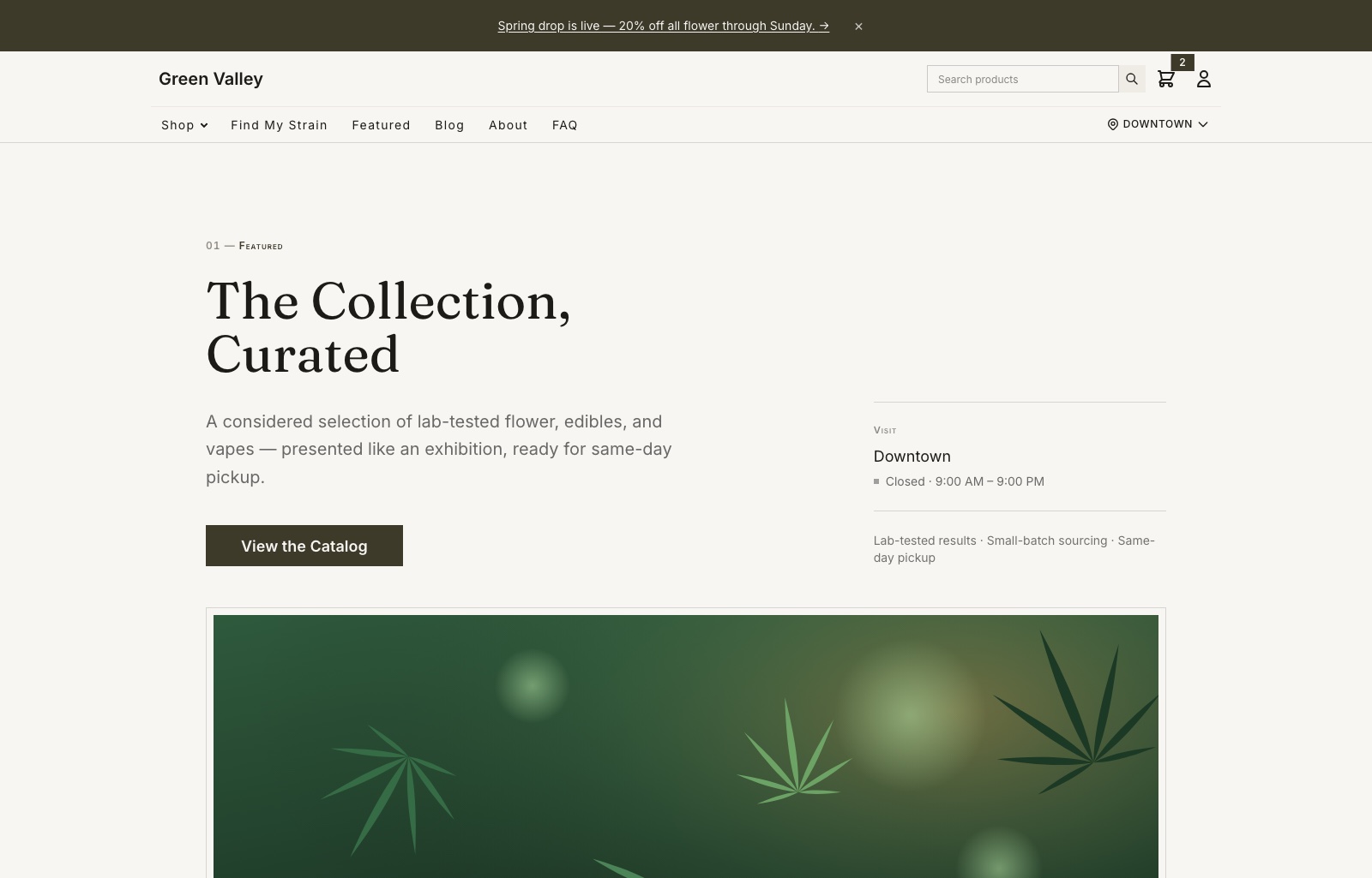 The Atelier template showing an editorial storefront — light, serif, gallery-style luxury.